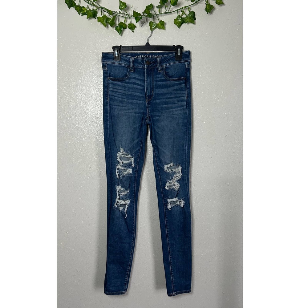 AEO Next Level Stretch Hi-Rise Jegging Distressed Denim Jeans size 6 X-Long